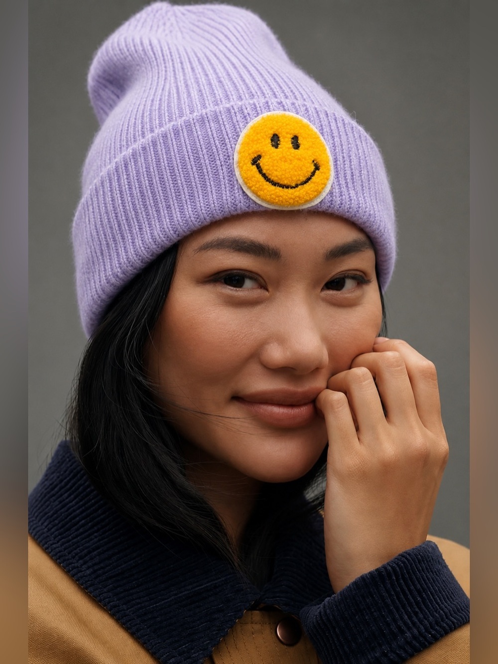 Smiley Face Lavender Ribbed Beanie Hat Cozy Y2K Acrylic